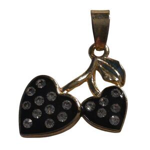 Betsey Johnson Goldtone Black Enamel & Rhinestone Cherry Pendant Necklace Charm